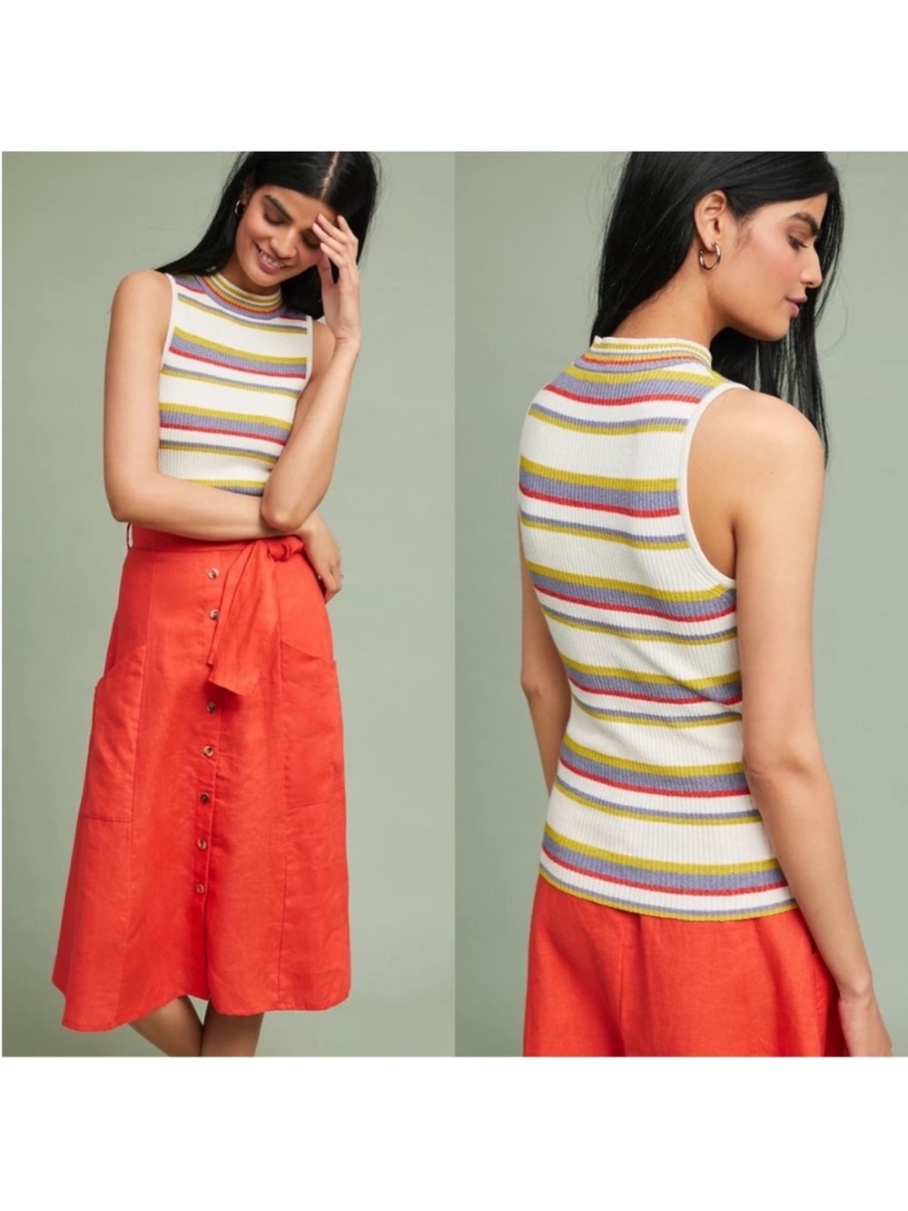 Anthropologie Moth Striped Sleeveless Knit Mock Neck Tank Top - White Multicolor